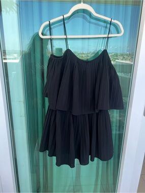 She + Sky Black Pleated Tiered Romper with Spaghetti Straps